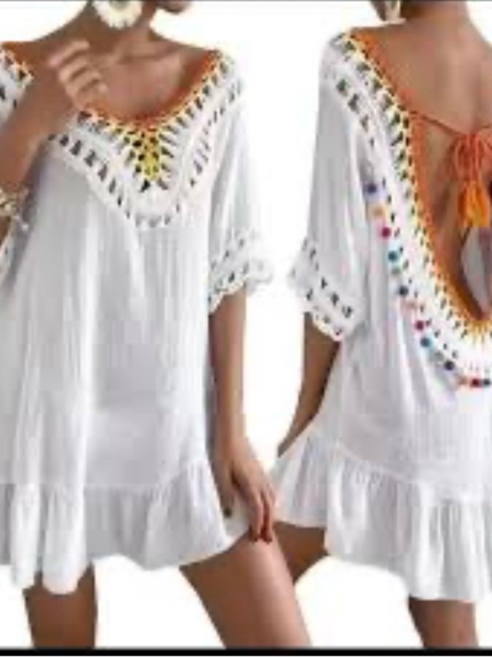 SHEIN Cream Crochet-Trim Mini Dress with Orange & Yellow Accents - Picture 6 of 15